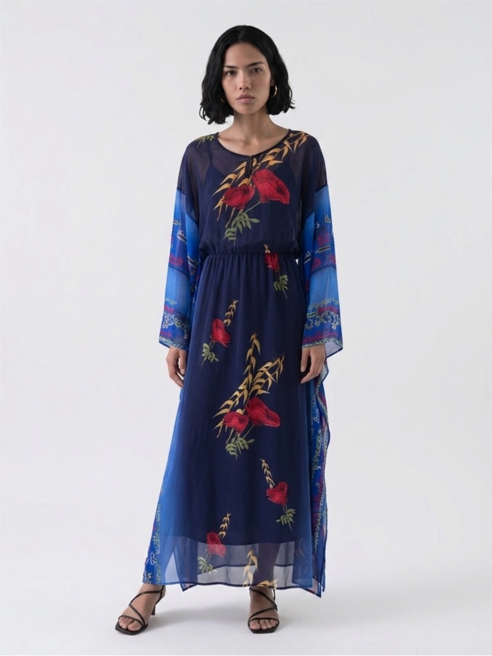 Sheer Navy Floral Maxi Dress with Red Poppy Print